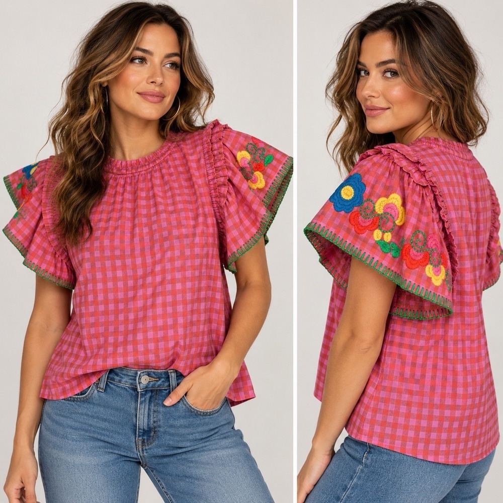 Ivy Jane Pink Gingham Blouse L/XL Floral Embroidered Flutter Sleeve Cottagecore